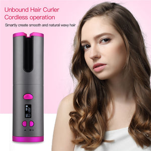 Cordless Auto Rotating Ceramic Hair Curler USB Rechargeable Curling Iron LED Display Temperature Adjustable Curling Wave Styer