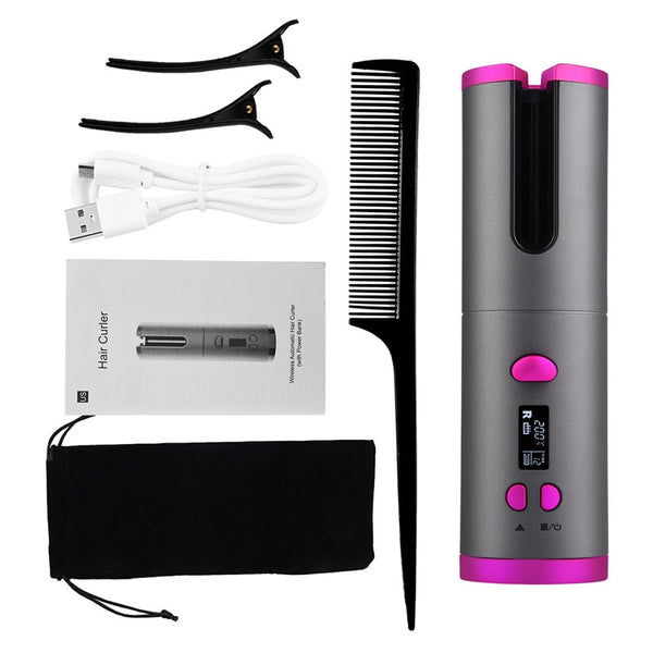 Cordless Auto Rotating Ceramic Hair Curler USB Rechargeable Curling Iron LED Display Temperature Adjustable Curling Wave Styer