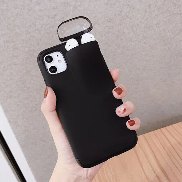 2 In 1 Headset Caps Phone Case Earphone Storage Box For iPhone 11Pro XS MAX XR X 7 8 6 6S Plus Shockproof Solid Color back Cover