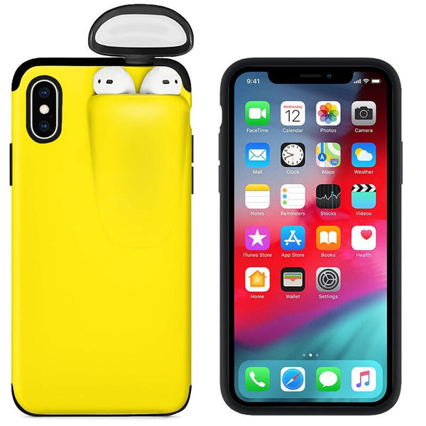 2 In 1 Headset Caps Phone Case Earphone Storage Box For iPhone 11Pro XS MAX XR X 7 8 6 6S Plus Shockproof Solid Color back Cover